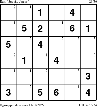 The grouppuzzles.com Easy Sudoku-Junior puzzle for Monday November 10, 2025 with the first 3 steps marked