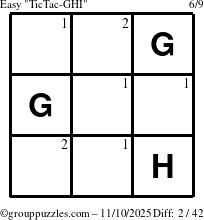 The grouppuzzles.com Easy TicTac-GHI puzzle for Monday November 10, 2025 with the first 2 steps marked