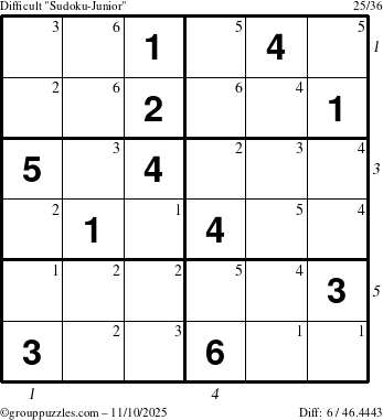 The grouppuzzles.com Difficult Sudoku-Junior puzzle for Monday November 10, 2025, suitable for printing, with all 6 steps marked