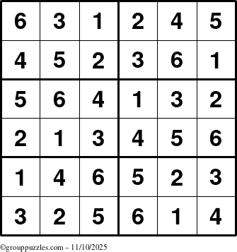 The grouppuzzles.com Answer grid for the Sudoku-Junior puzzle for Monday November 10, 2025