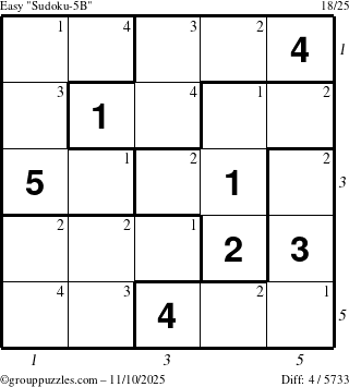 The grouppuzzles.com Easy Sudoku-5B puzzle for Monday November 10, 2025 with all 4 steps marked