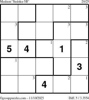 The grouppuzzles.com Medium Sudoku-5B puzzle for Monday November 10, 2025 with the first 3 steps marked