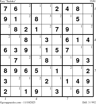 The grouppuzzles.com Easy Sudoku puzzle for Monday November 10, 2025 with all 3 steps marked
