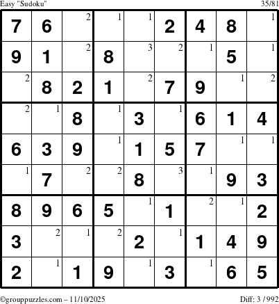 The grouppuzzles.com Easy Sudoku puzzle for Monday November 10, 2025 with the first 3 steps marked