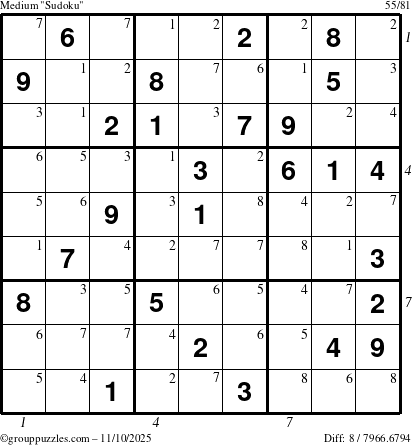 The grouppuzzles.com Medium Sudoku puzzle for Monday November 10, 2025, suitable for printing, with all 8 steps marked