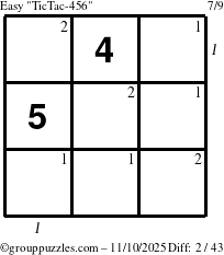 The grouppuzzles.com Easy TicTac-456 puzzle for Monday November 10, 2025 with all 2 steps marked