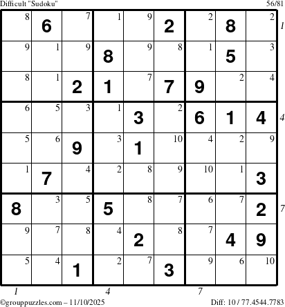 The grouppuzzles.com Difficult Sudoku puzzle for Monday November 10, 2025, suitable for printing, with all 10 steps marked
