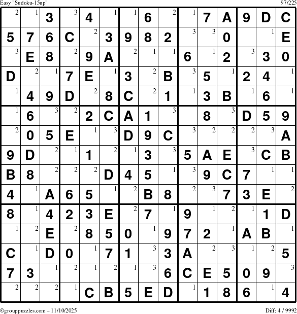 The grouppuzzles.com Easy Sudoku-15up puzzle for Monday November 10, 2025 with the first 3 steps marked