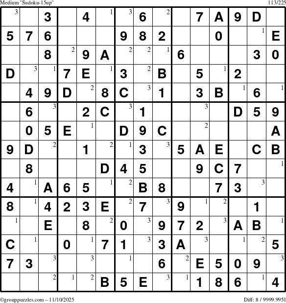 The grouppuzzles.com Medium Sudoku-15up puzzle for Monday November 10, 2025 with the first 3 steps marked