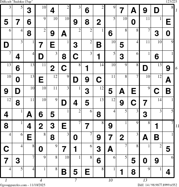 The grouppuzzles.com Difficult Sudoku-15up puzzle for Monday November 10, 2025 with all 14 steps marked