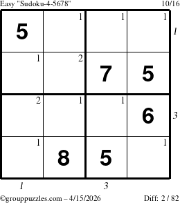 The grouppuzzles.com Easy Sudoku-4-5678 puzzle for Wednesday April 15, 2026, suitable for printing, with all 2 steps marked