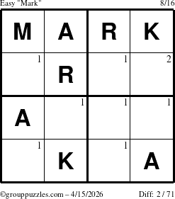The grouppuzzles.com Easy Mark puzzle for Wednesday April 15, 2026 with the first 2 steps marked