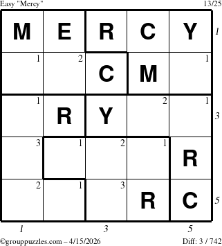 The grouppuzzles.com Easy Mercy puzzle for Wednesday April 15, 2026 with all 3 steps marked