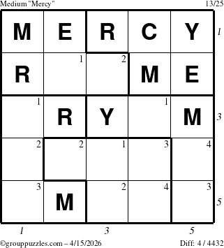 The grouppuzzles.com Medium Mercy puzzle for Wednesday April 15, 2026 with all 4 steps marked