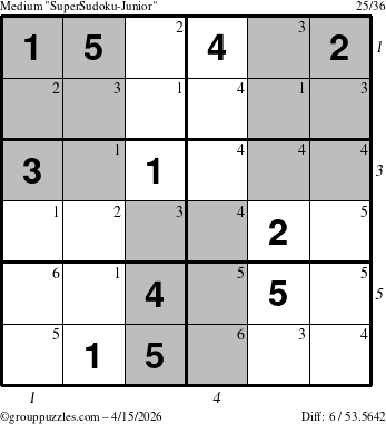 The grouppuzzles.com Medium SuperSudoku-Junior puzzle for Wednesday April 15, 2026 with all 6 steps marked