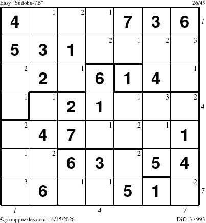 The grouppuzzles.com Easy Sudoku-7B puzzle for Wednesday April 15, 2026, suitable for printing, with all 3 steps marked