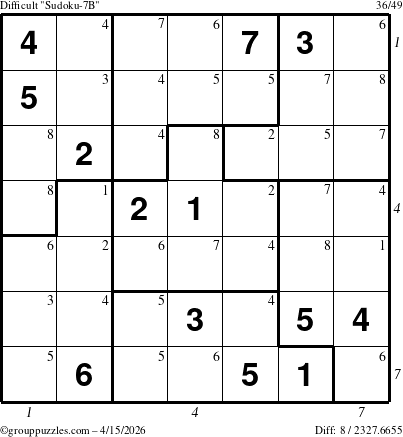 The grouppuzzles.com Difficult Sudoku-7B puzzle for Wednesday April 15, 2026, suitable for printing, with all 8 steps marked