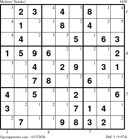 The grouppuzzles.com Medium Sudoku puzzle for Wednesday April 15, 2026 with all 5 steps marked