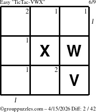 The grouppuzzles.com Easy TicTac-VWX puzzle for Wednesday April 15, 2026 with all 2 steps marked