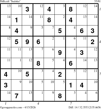 The grouppuzzles.com Difficult Sudoku puzzle for Wednesday April 15, 2026, suitable for printing, with all 14 steps marked