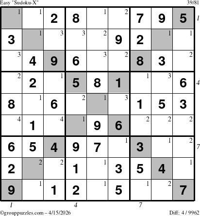 The grouppuzzles.com Easy Sudoku-X puzzle for Wednesday April 15, 2026, suitable for printing, with all 4 steps marked