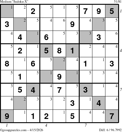 The grouppuzzles.com Medium Sudoku-X puzzle for Wednesday April 15, 2026, suitable for printing, with all 6 steps marked