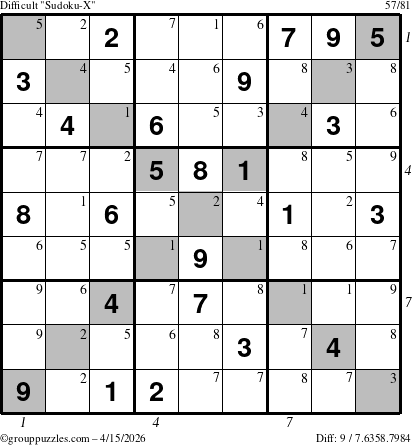 The grouppuzzles.com Difficult Sudoku-X puzzle for Wednesday April 15, 2026 with all 9 steps marked