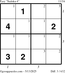 The grouppuzzles.com Easy Sudoku-4 puzzle for Tuesday May 13, 2025 with all 3 steps marked