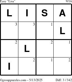 The grouppuzzles.com Easy Lisa puzzle for Tuesday May 13, 2025 with the first 3 steps marked