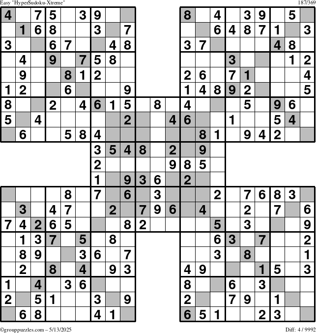The grouppuzzles.com Easy HyperSudoku-Xtreme puzzle for Tuesday May 13, 2025