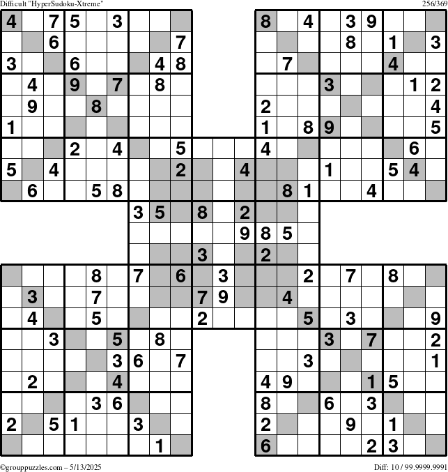 The grouppuzzles.com Difficult HyperSudoku-Xtreme puzzle for Tuesday May 13, 2025