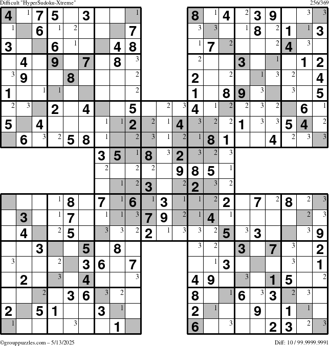The grouppuzzles.com Difficult HyperSudoku-Xtreme puzzle for Tuesday May 13, 2025 with the first 3 steps marked
