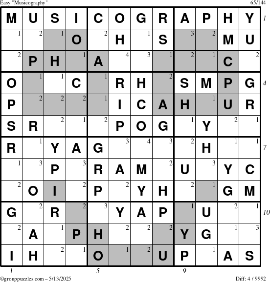 The grouppuzzles.com Easy Musicography puzzle for Tuesday May 13, 2025, suitable for printing, with all 4 steps marked