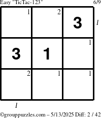 The grouppuzzles.com Easy TicTac-123 puzzle for Tuesday May 13, 2025, suitable for printing, with all 2 steps marked