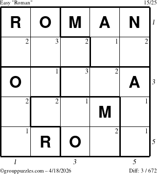 The grouppuzzles.com Easy Roman puzzle for Saturday April 18, 2026 with all 3 steps marked