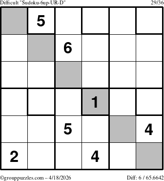 The grouppuzzles.com Difficult Sudoku-6up-UR-D puzzle for Saturday April 18, 2026