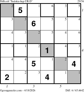 The grouppuzzles.com Difficult Sudoku-6up-UR-D puzzle for Saturday April 18, 2026 with all 6 steps marked