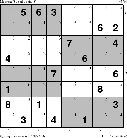 The grouppuzzles.com Medium SuperSudoku-8 puzzle for Saturday April 18, 2026, suitable for printing, with all 7 steps marked