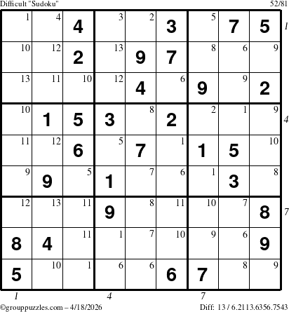 The grouppuzzles.com Difficult Sudoku puzzle for Saturday April 18, 2026 with all 13 steps marked