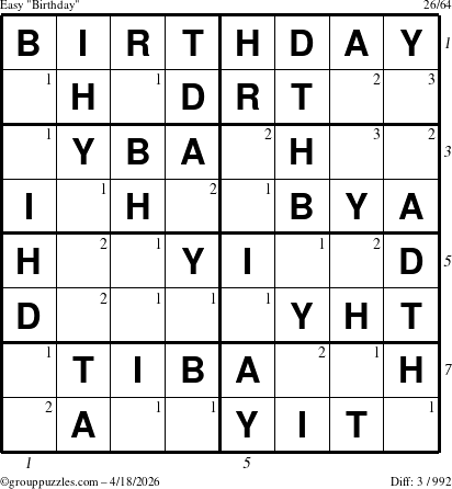 The grouppuzzles.com Easy Birthday puzzle for Saturday April 18, 2026 with all 3 steps marked
