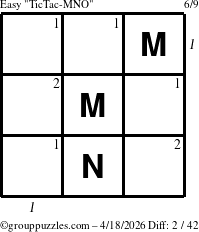 The grouppuzzles.com Easy TicTac-MNO puzzle for Saturday April 18, 2026, suitable for printing, with all 2 steps marked