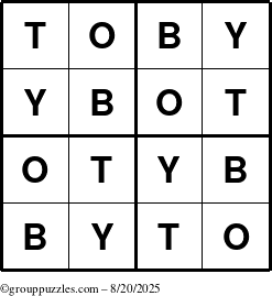 The grouppuzzles.com Answer grid for the Toby puzzle for Wednesday August 20, 2025