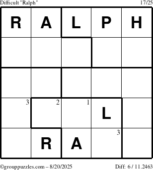 The grouppuzzles.com Difficult Ralph puzzle for Wednesday August 20, 2025 with the first 3 steps marked