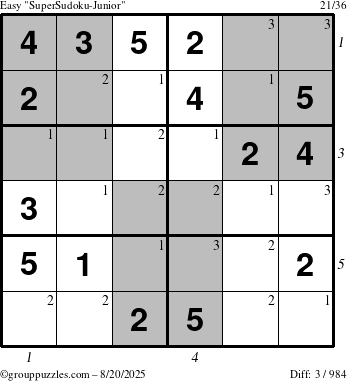 The grouppuzzles.com Easy SuperSudoku-Junior puzzle for Wednesday August 20, 2025, suitable for printing, with all 3 steps marked