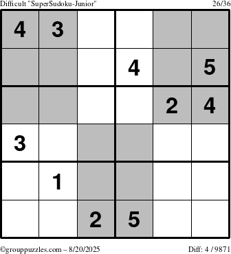 The grouppuzzles.com Difficult SuperSudoku-Junior puzzle for Wednesday August 20, 2025