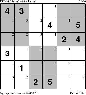 The grouppuzzles.com Difficult SuperSudoku-Junior puzzle for Wednesday August 20, 2025 with the first 3 steps marked