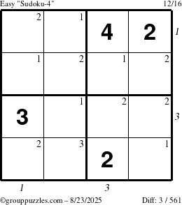 The grouppuzzles.com Easy Sudoku-4 puzzle for Saturday August 23, 2025 with all 3 steps marked
