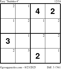 The grouppuzzles.com Easy Sudoku-4 puzzle for Saturday August 23, 2025 with the first 3 steps marked
