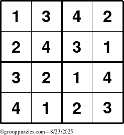 The grouppuzzles.com Answer grid for the Sudoku-4 puzzle for Saturday August 23, 2025