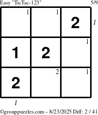 The grouppuzzles.com Easy TicTac-123 puzzle for Saturday August 23, 2025 with all 2 steps marked